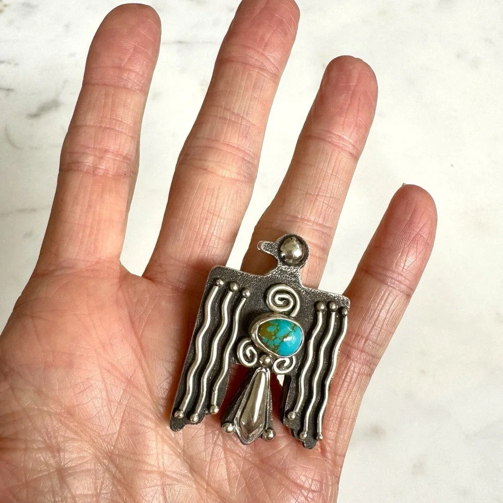 Navajo Thunderbird Ring Sonoran Turquoise Sz 7 Sterling Signed Mariano Adjustabl
